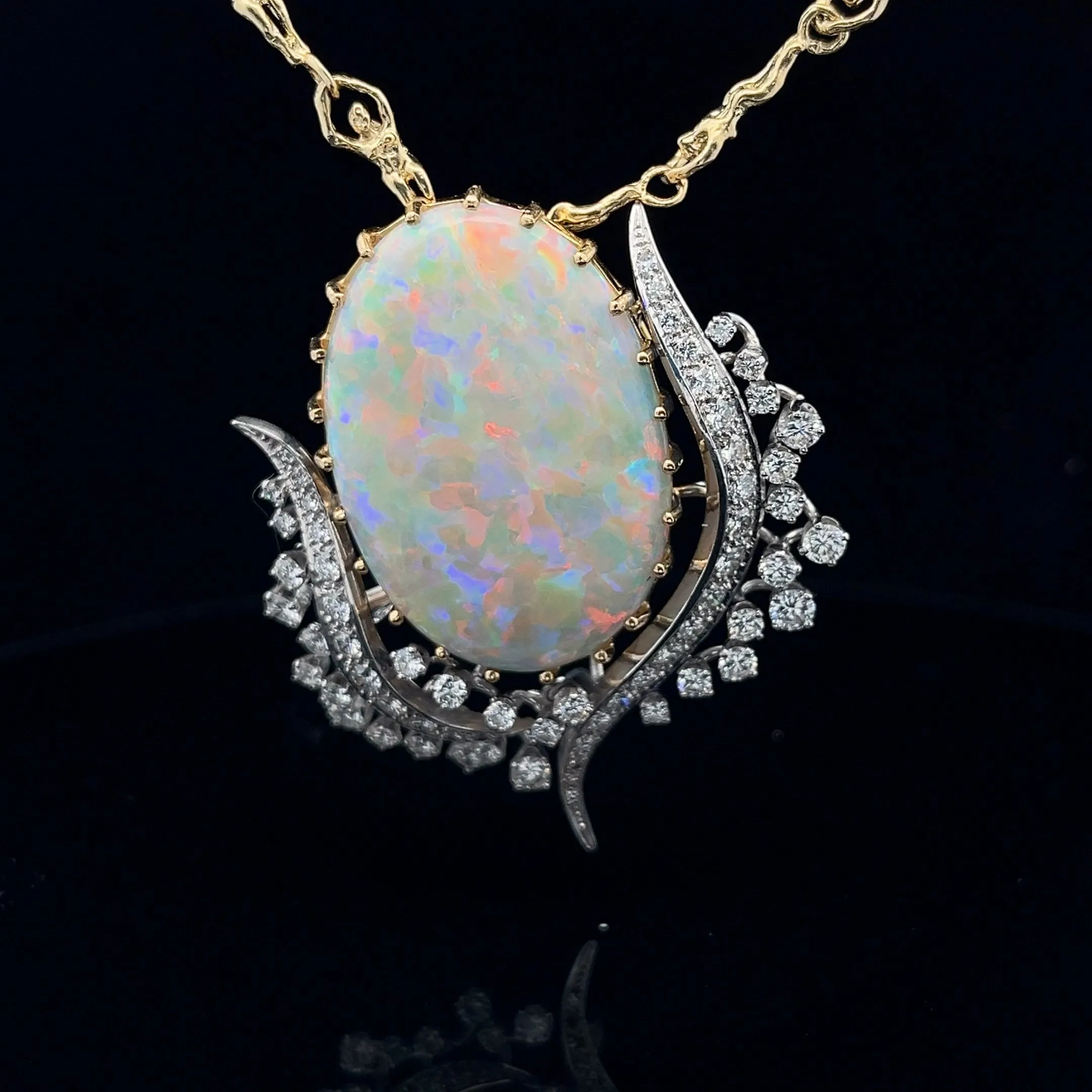 18K YELLOW GOLD AND PLATINUM 27.28CT OPAL AND 3CT  F VS2 ROUND DIAMOND VINTAGE PIN/PENDANT FLOWER TULIP CERTIFIED BY GIA #5234226978