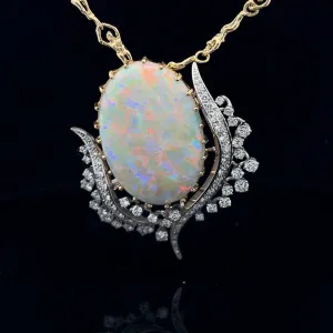 18K YELLOW GOLD AND PLATINUM 27.28CT OPAL AND 3CT  F VS2 ROUND DIAMOND VINTAGE PIN/PENDANT FLOWER TULIP CERTIFIED BY GIA #5234226978