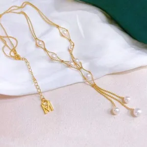 18k Yellow Gold Round White Akoya Pearl Necklace
