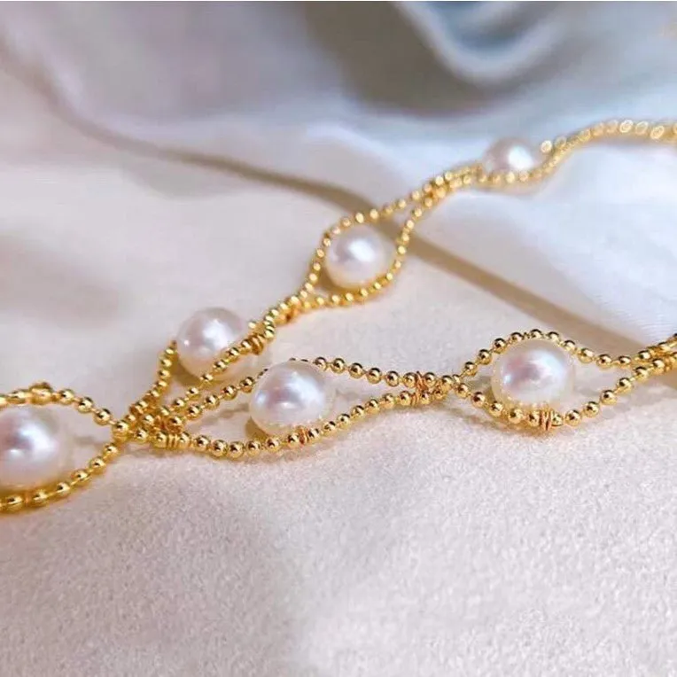 18k Yellow Gold Round White Akoya Pearl Necklace