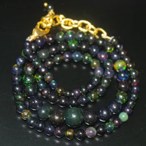 18" Black Ethiopian Opal Round Ball Gold Plated Gemstone Beads Necklace 4mm 8mm