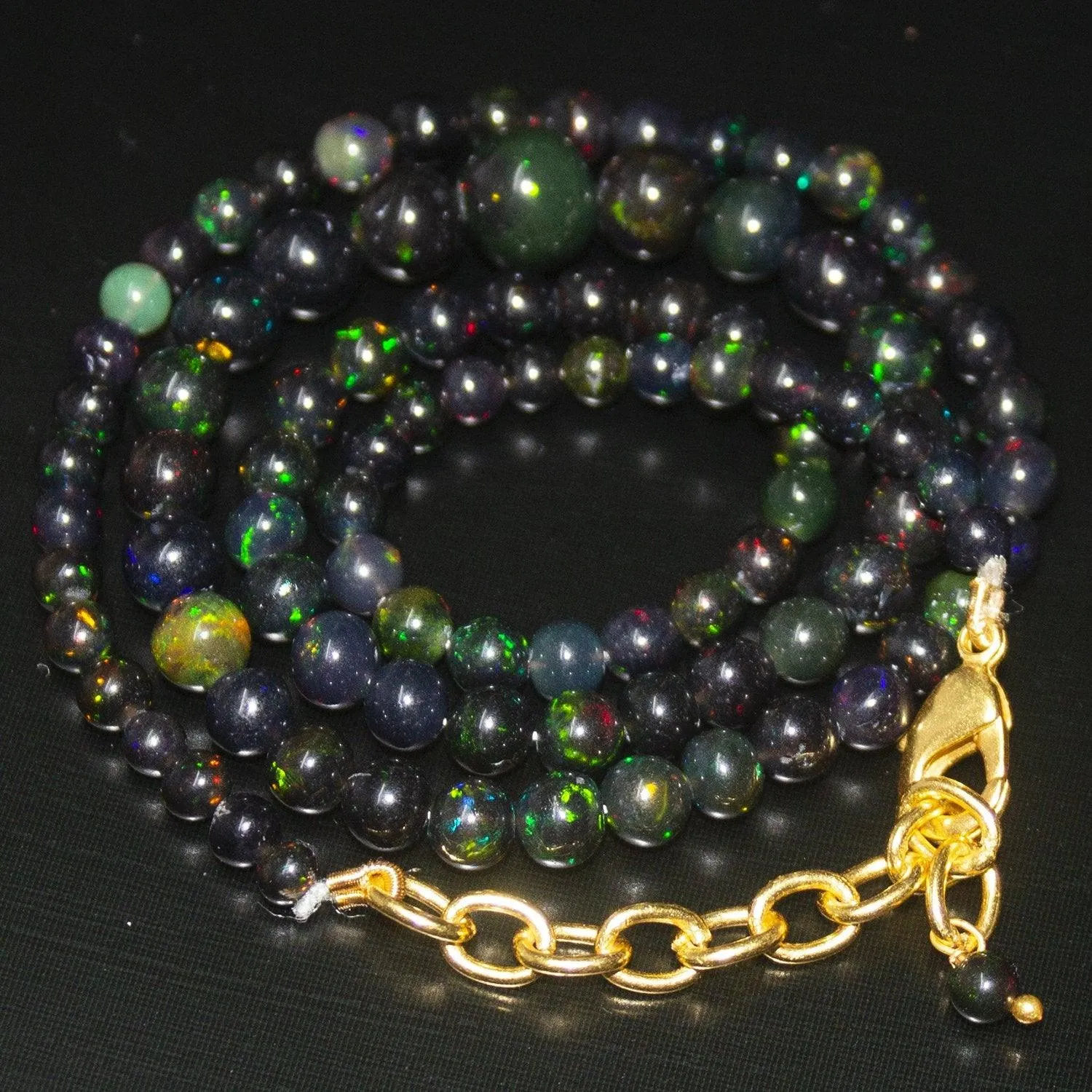 18" Black Ethiopian Opal Round Ball Gold Plated Gemstone Beads Necklace 4mm 8mm