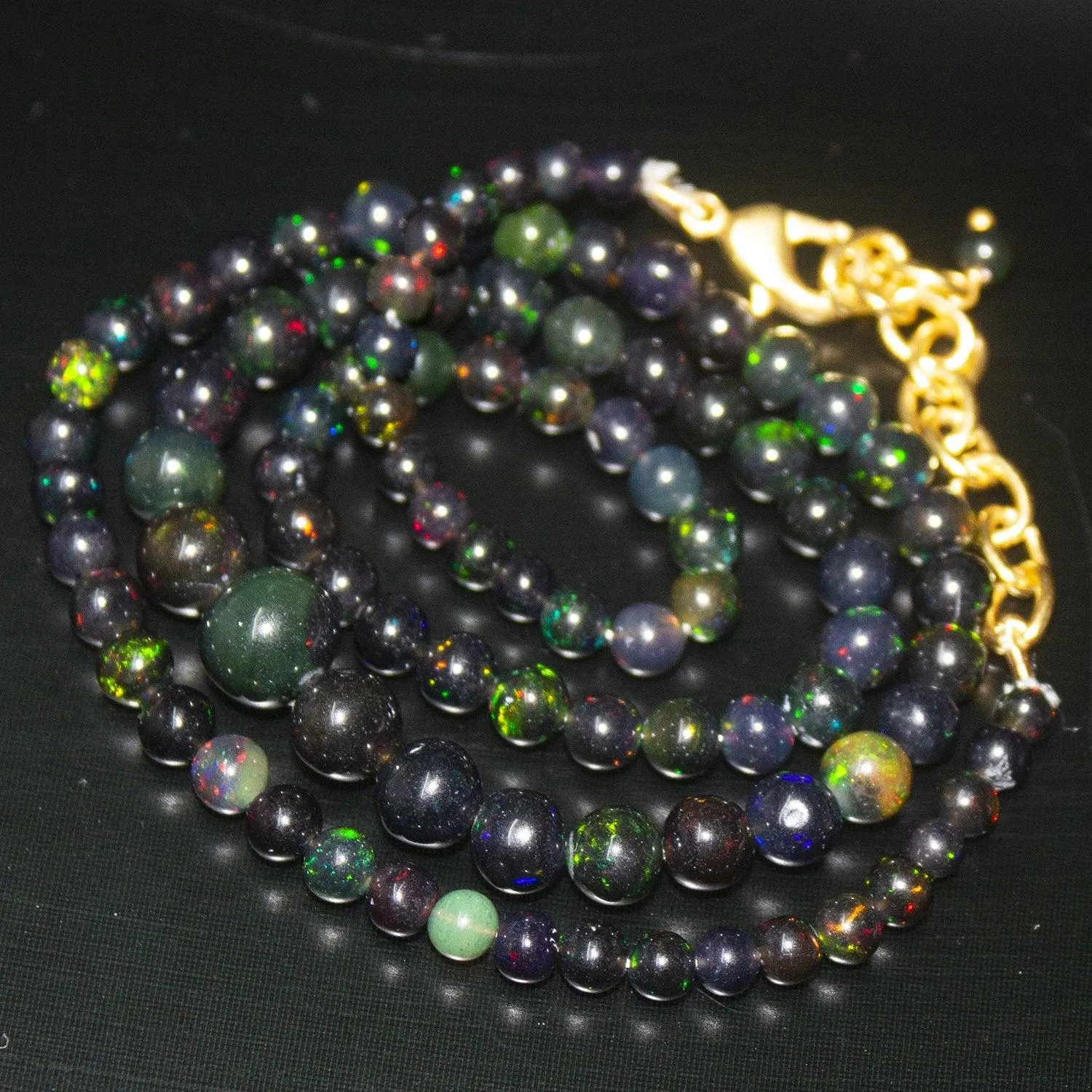 18" Black Ethiopian Opal Round Ball Gold Plated Gemstone Beads Necklace 4mm 8mm