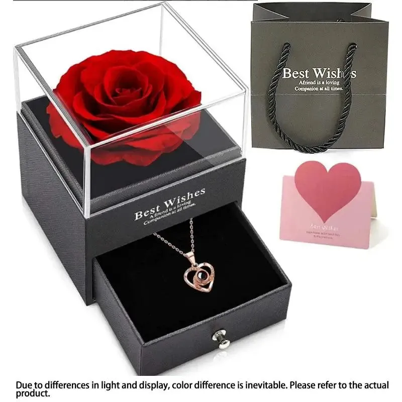 1set Hollow Zircon Love Necklace Female MOTHER'S Day Eternal Flower Artificial Flower Gift Box Jewelry Box for women