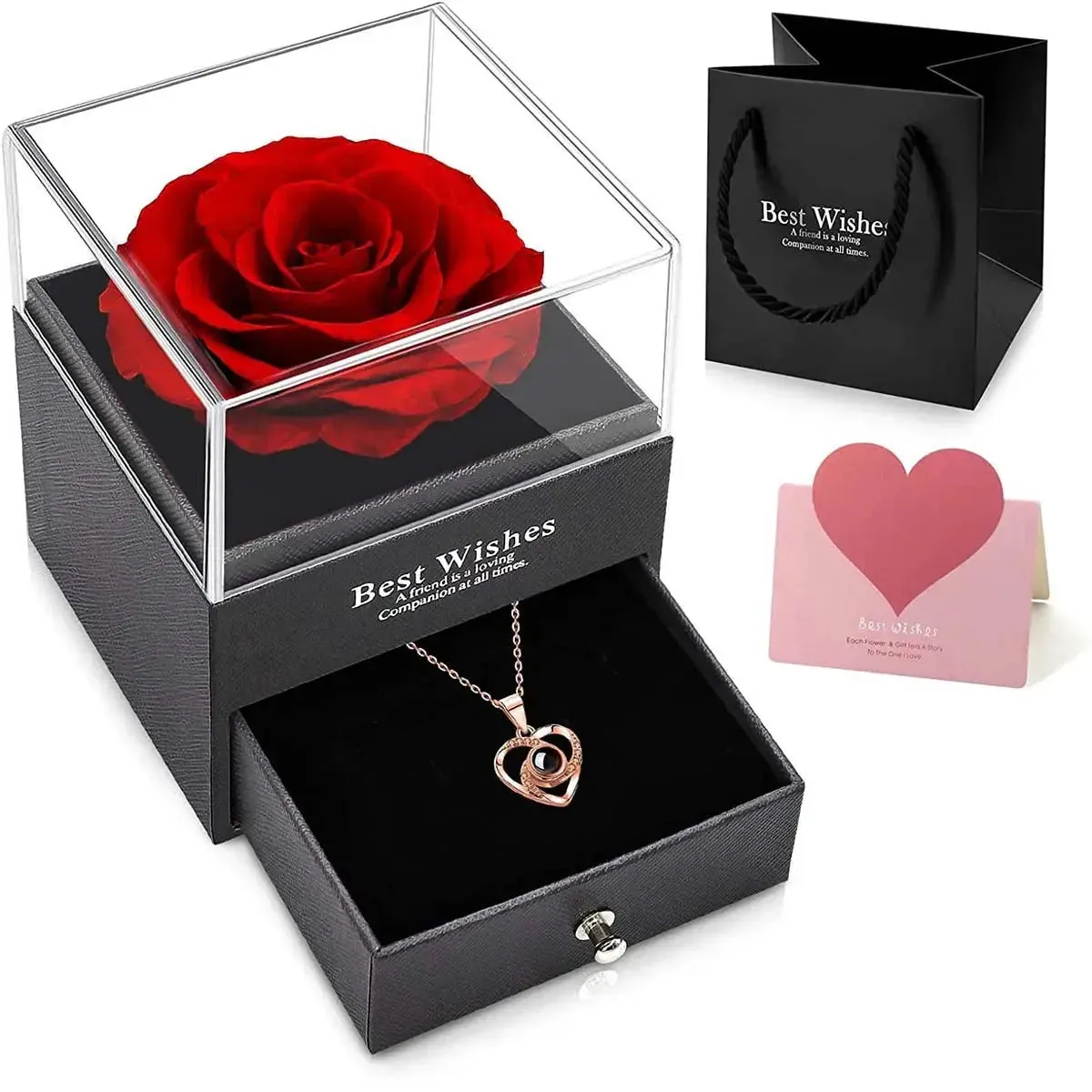 1set Hollow Zircon Love Necklace Female MOTHER'S Day Eternal Flower Artificial Flower Gift Box Jewelry Box for women
