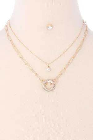 2 Layered Metal Chain Rhinestone Round Pendant Necklace Earring Set