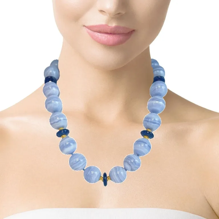 20mm Round Blue Lace Agate and Kyanite Bead Necklace with Yellow Gold Accents