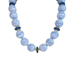20mm Round Blue Lace Agate and Kyanite Bead Necklace with Yellow Gold Accents
