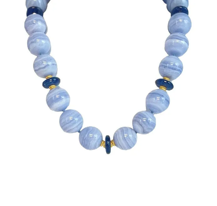 20mm Round Blue Lace Agate and Kyanite Bead Necklace with Yellow Gold Accents