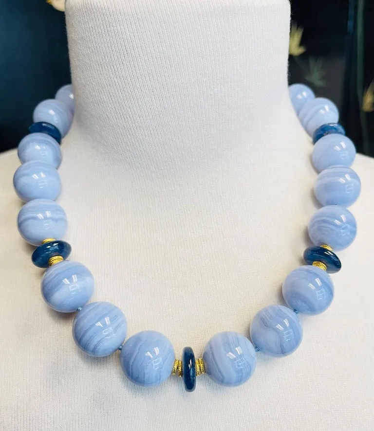20mm Round Blue Lace Agate and Kyanite Bead Necklace with Yellow Gold Accents