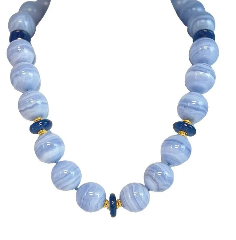 20mm Round Blue Lace Agate and Kyanite Bead Necklace with Yellow Gold Accents
