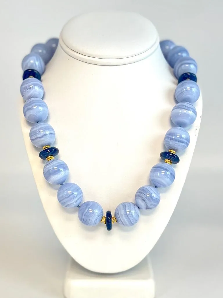 20mm Round Blue Lace Agate and Kyanite Bead Necklace with Yellow Gold Accents