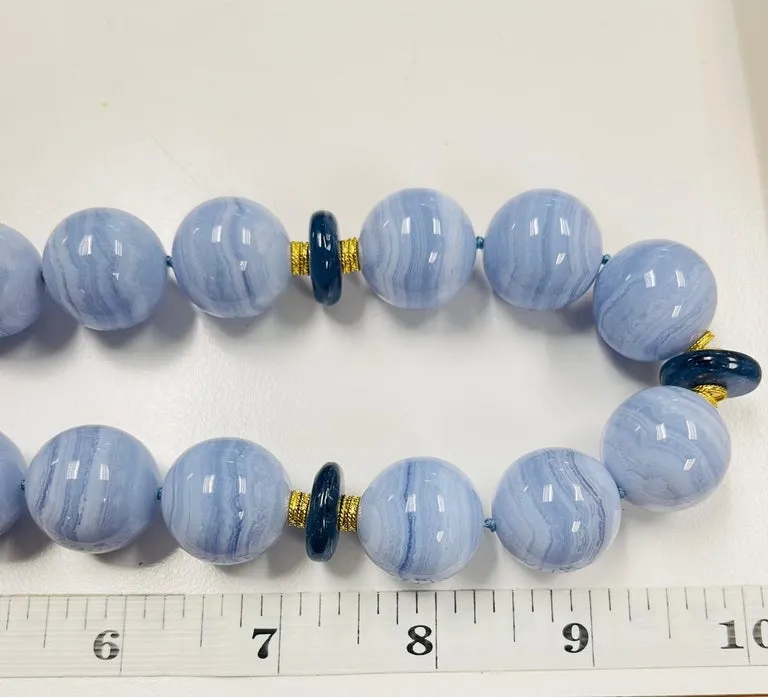 20mm Round Blue Lace Agate and Kyanite Bead Necklace with Yellow Gold Accents
