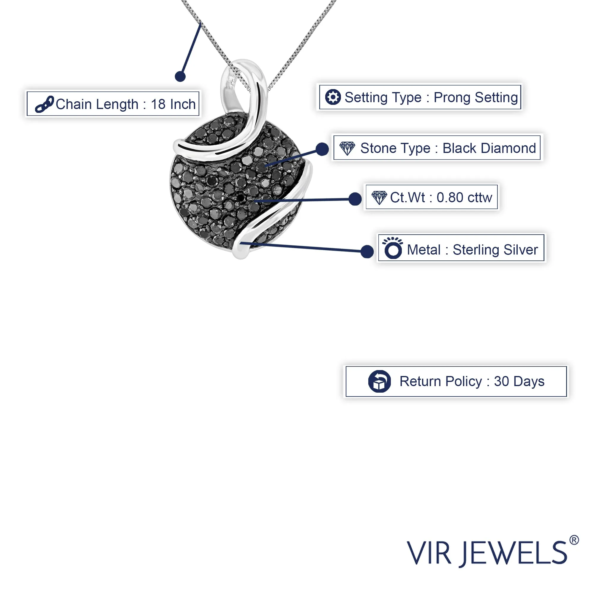 4/5 cttw Black Composite Diamond Pendant Necklace in Sterling Silver