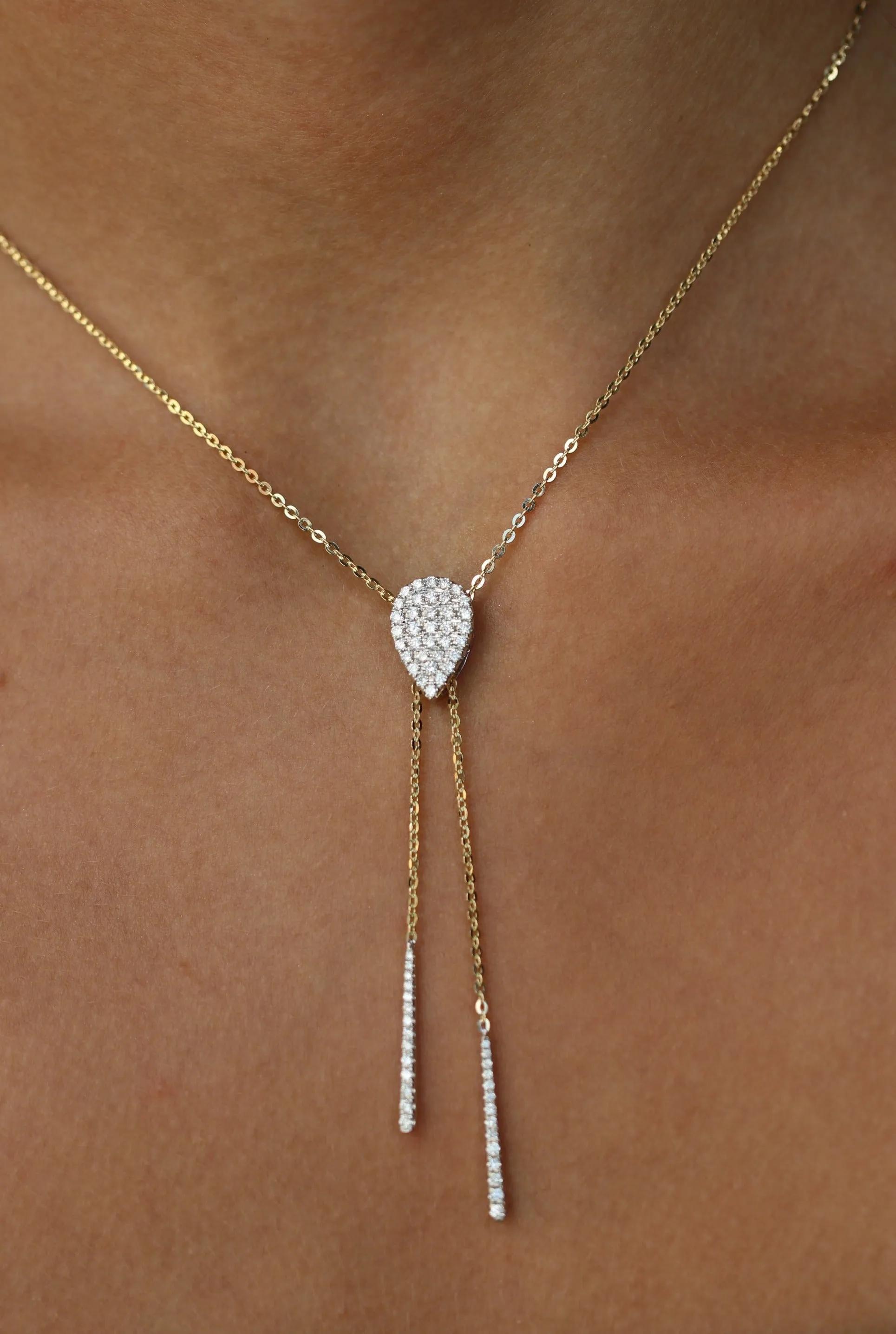 Adjustable Lariat Pave Pear Shaped Diamond Necklace