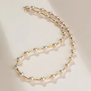 Akoya Pearl Matte 18K Gold Bamboo Knot Orderly Necklace