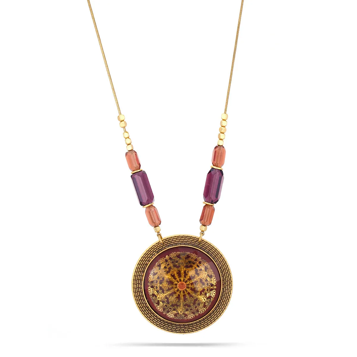 ANTIQUE GOLD FLOWER BURGUNDY ROUND FACETED PENDANT PURPLE BEADS  NECKLACES #195WN1101 (2C1)