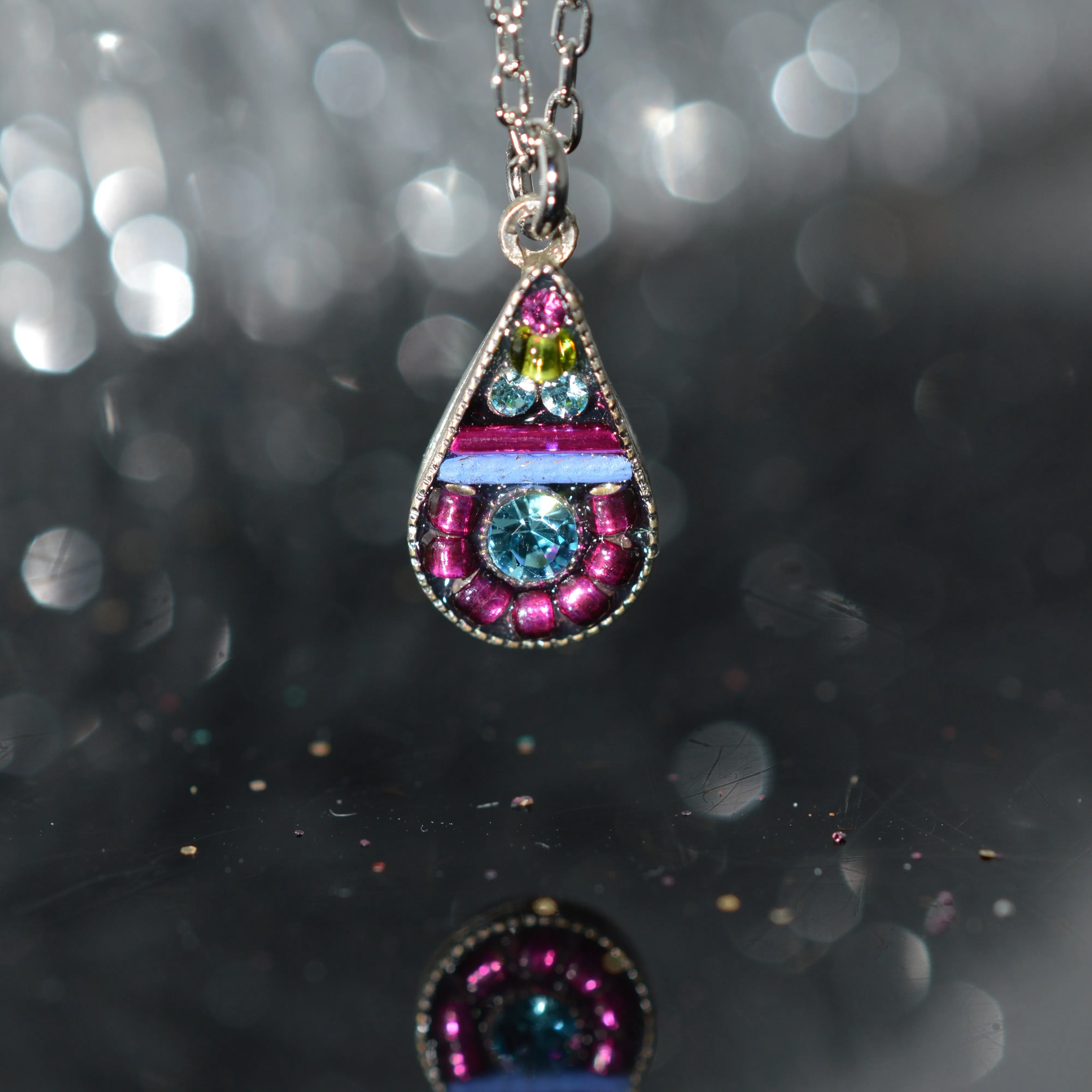 Antique Silver Plated Simple Drop Pendant by Firefly With Fuchsia Crystals