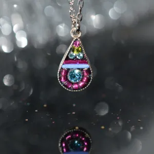 Antique Silver Plated Simple Drop Pendant by Firefly With Fuchsia Crystals