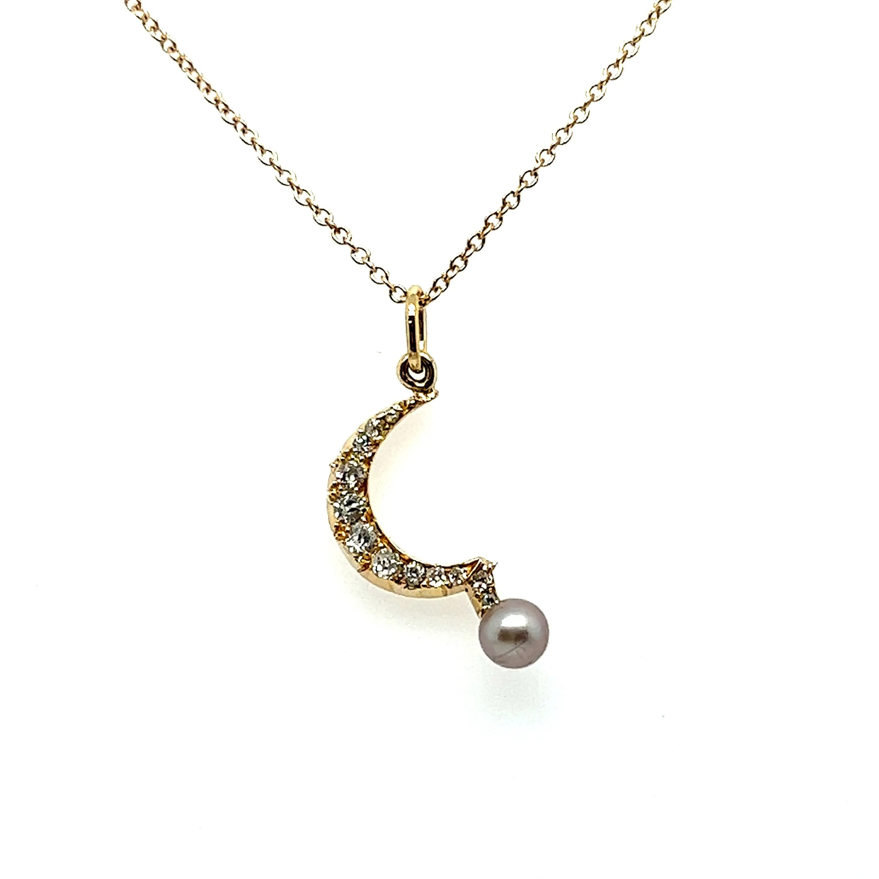 Antique Victorian Diamond Crescent Moon with Pearl Necklace in Solid Gold - 0.50ct.