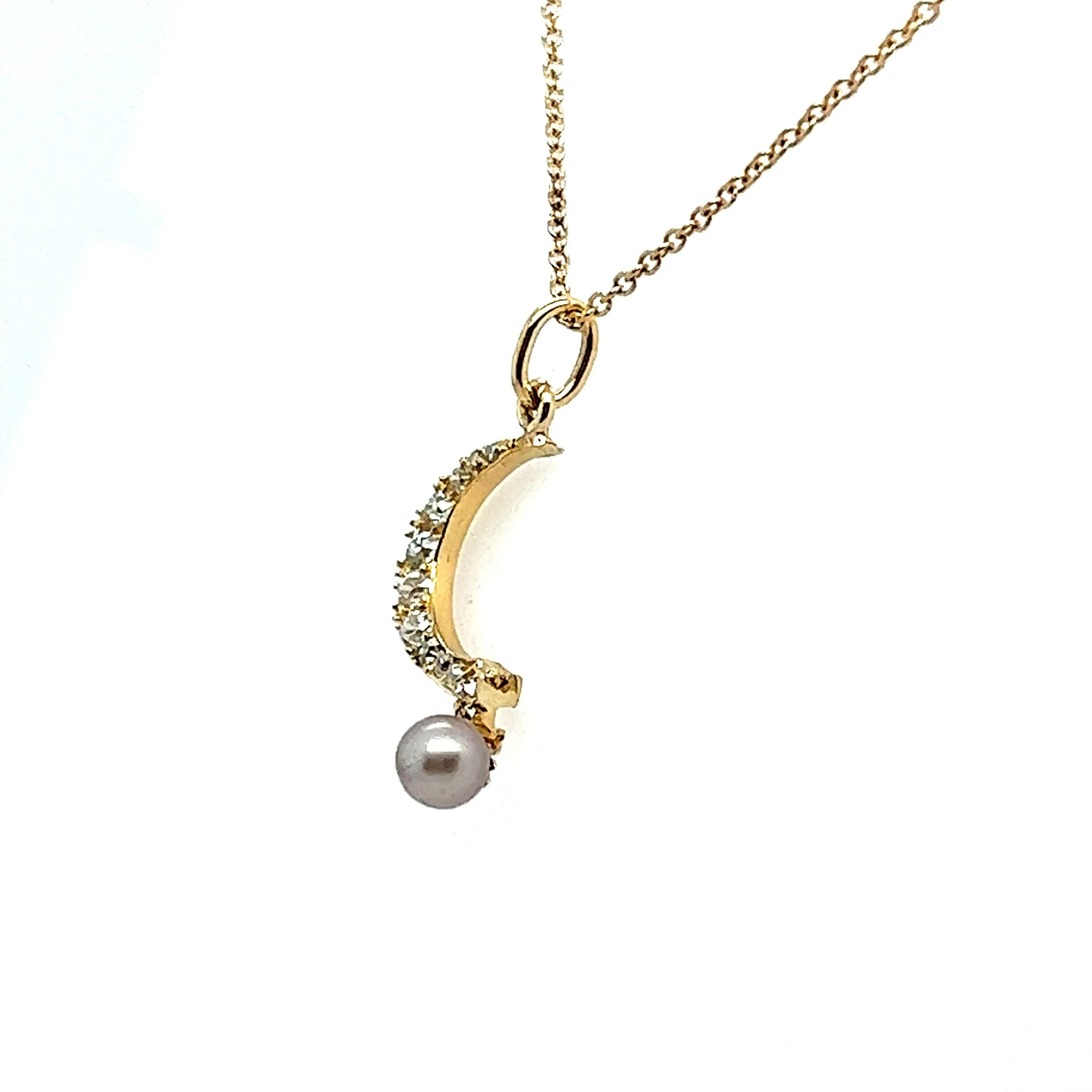 Antique Victorian Diamond Crescent Moon with Pearl Necklace in Solid Gold - 0.50ct.