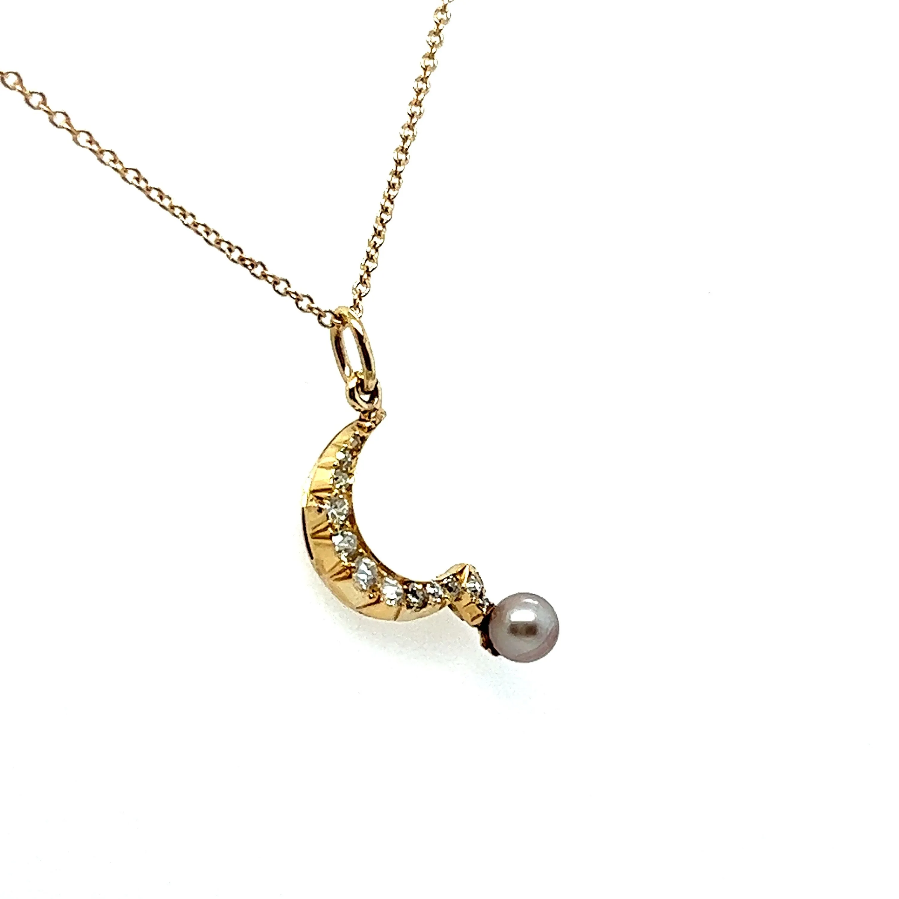 Antique Victorian Diamond Crescent Moon with Pearl Necklace in Solid Gold - 0.50ct.