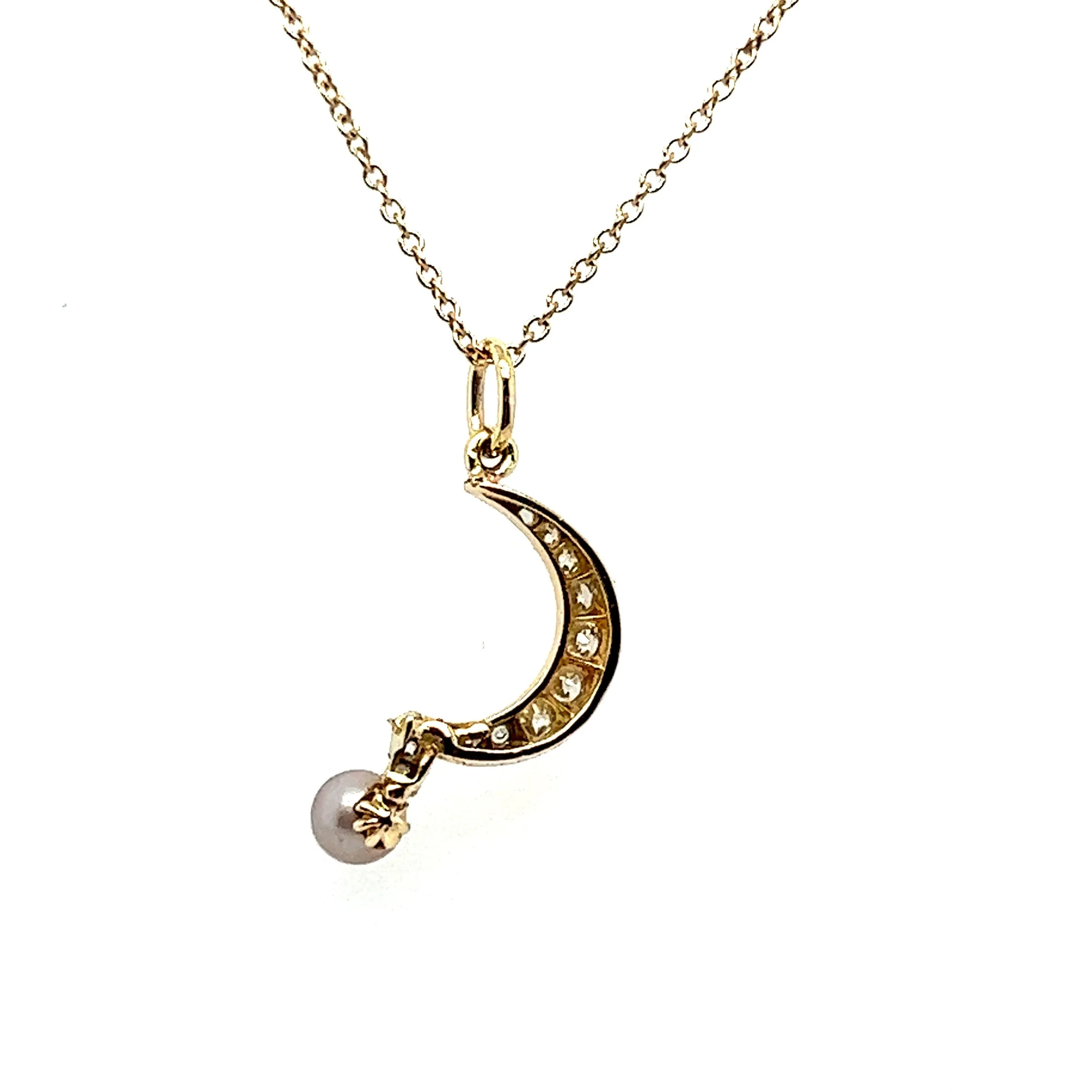 Antique Victorian Diamond Crescent Moon with Pearl Necklace in Solid Gold - 0.50ct.
