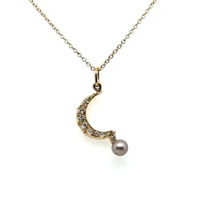 Antique Victorian Diamond Crescent Moon with Pearl Necklace in Solid Gold - 0.50ct.