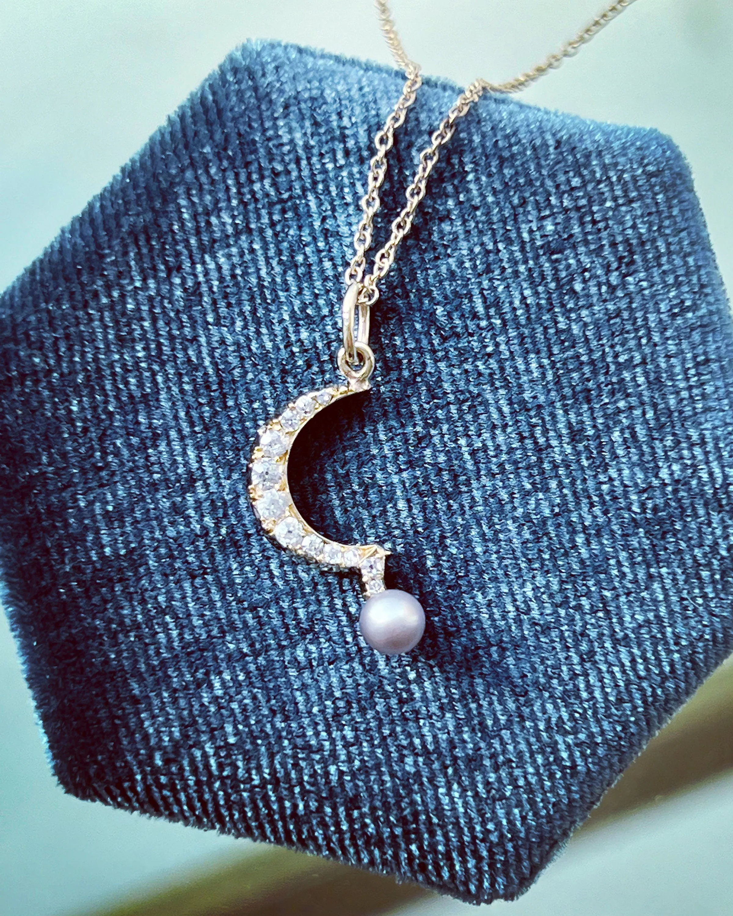 Antique Victorian Diamond Crescent Moon with Pearl Necklace in Solid Gold - 0.50ct.