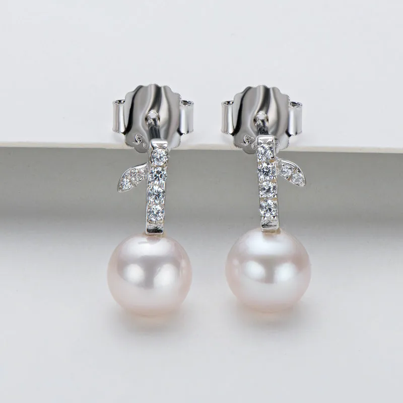 Apple Leaf Genuine White Pearl Drop Stud Earring