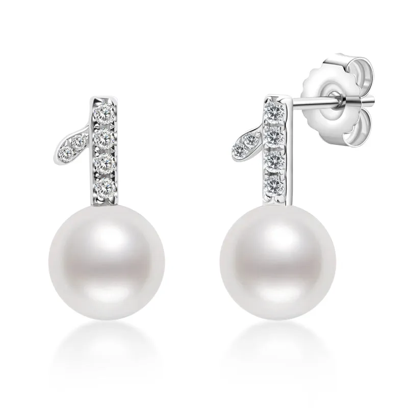 Apple Leaf Genuine White Pearl Drop Stud Earring