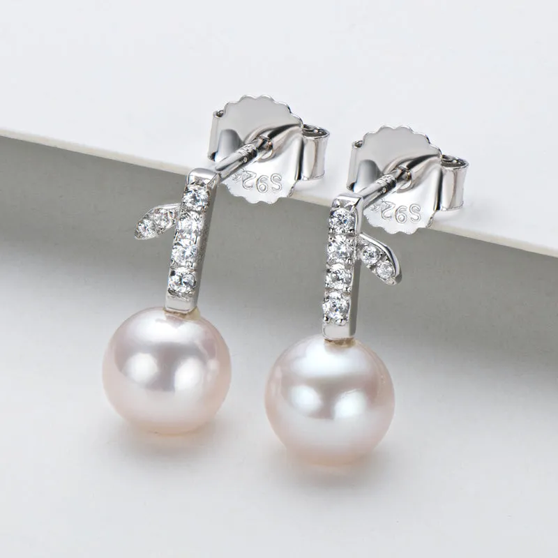 Apple Leaf Genuine White Pearl Drop Stud Earring