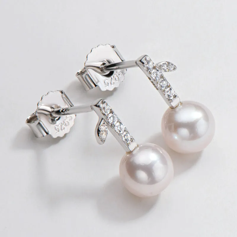 Apple Leaf Genuine White Pearl Drop Stud Earring