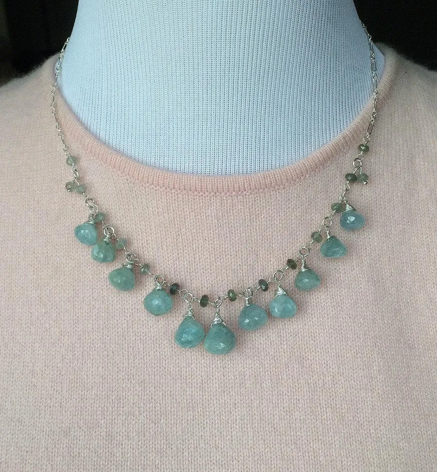 Aquamarine Blue Dangle Necklace Sterling Silver