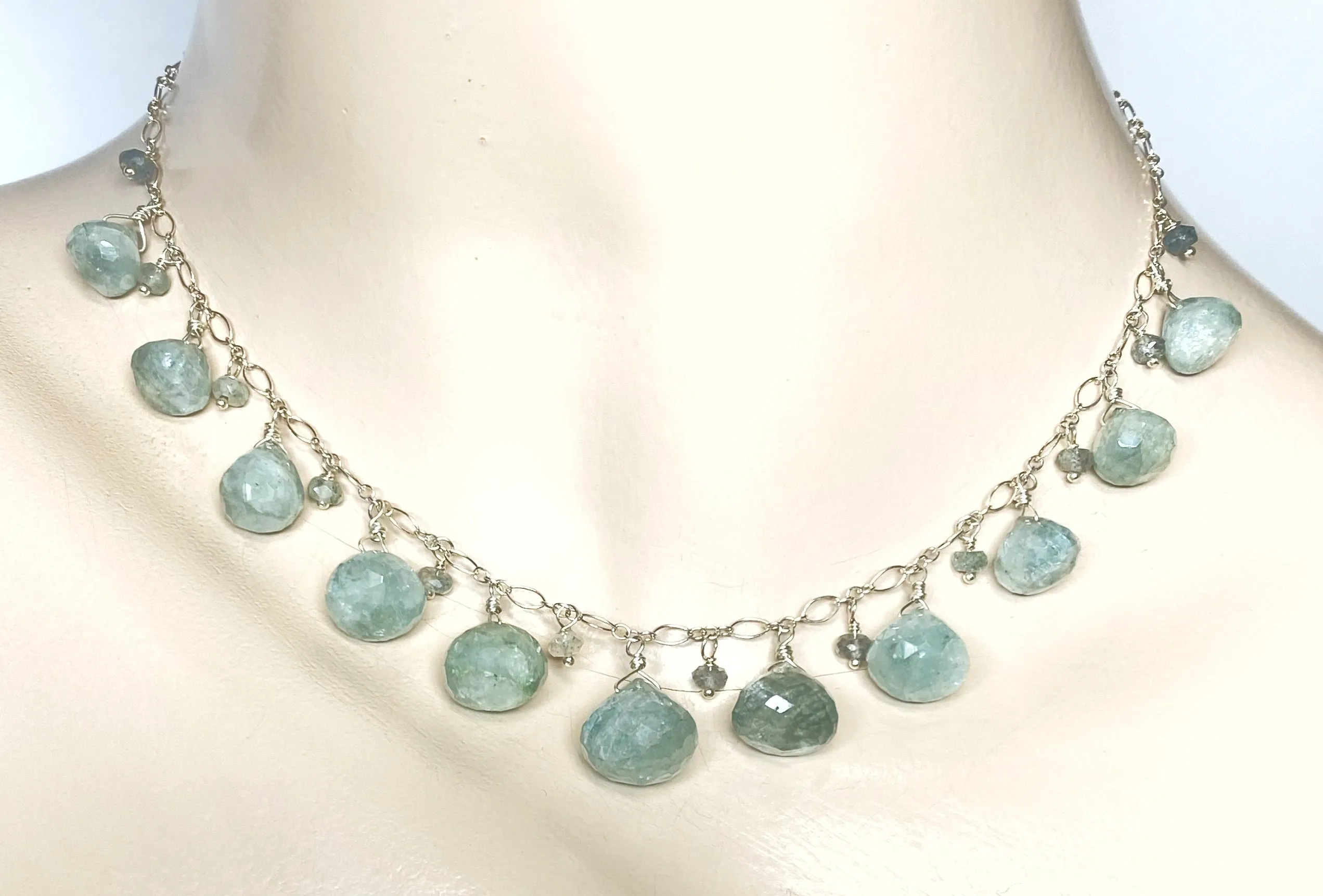 Aquamarine Blue Dangle Necklace Sterling Silver