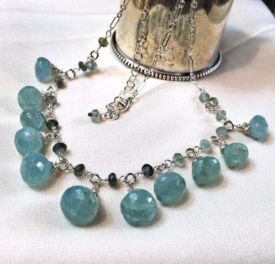 Aquamarine Blue Dangle Necklace Sterling Silver