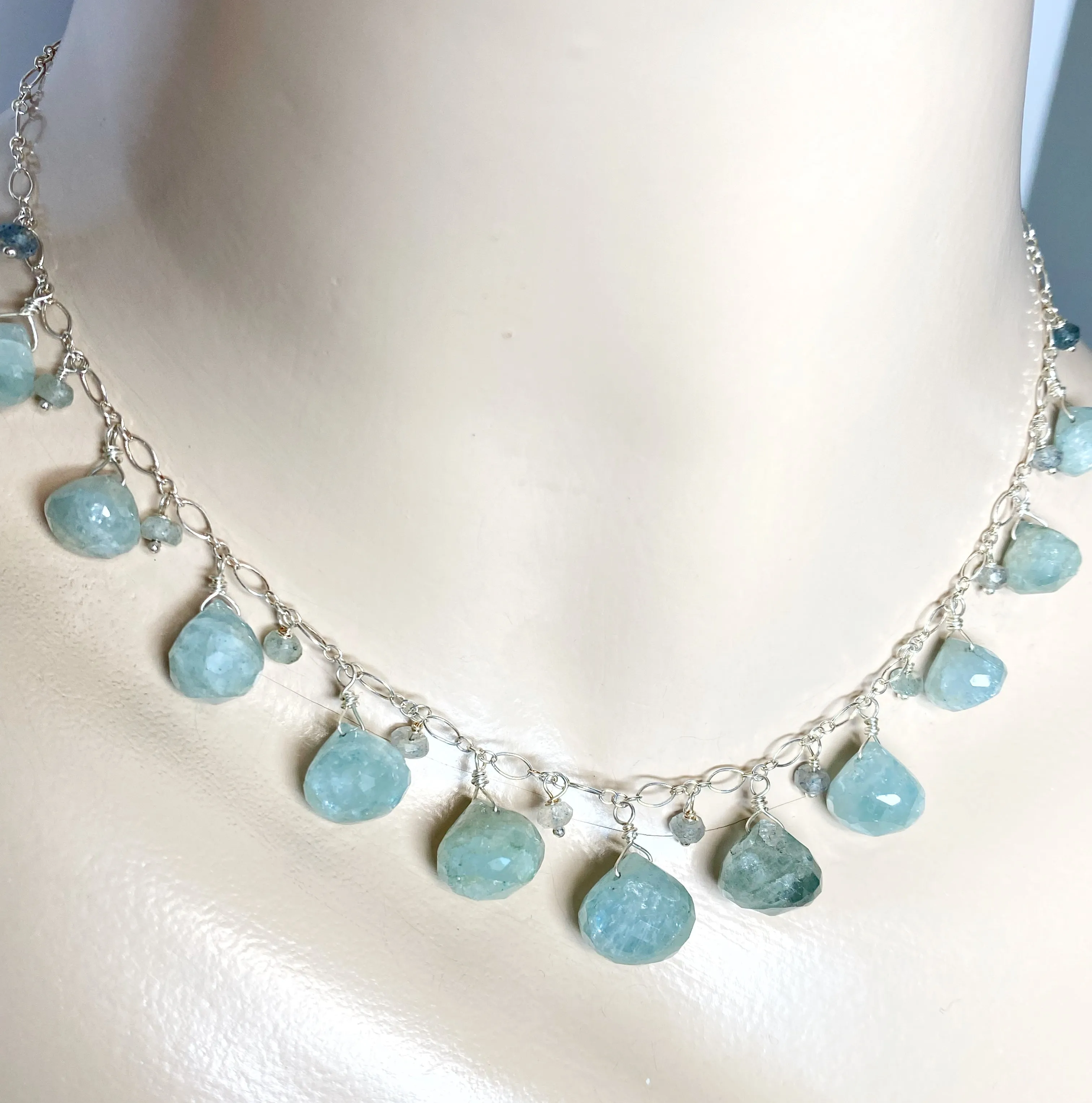 Aquamarine Blue Dangle Necklace Sterling Silver