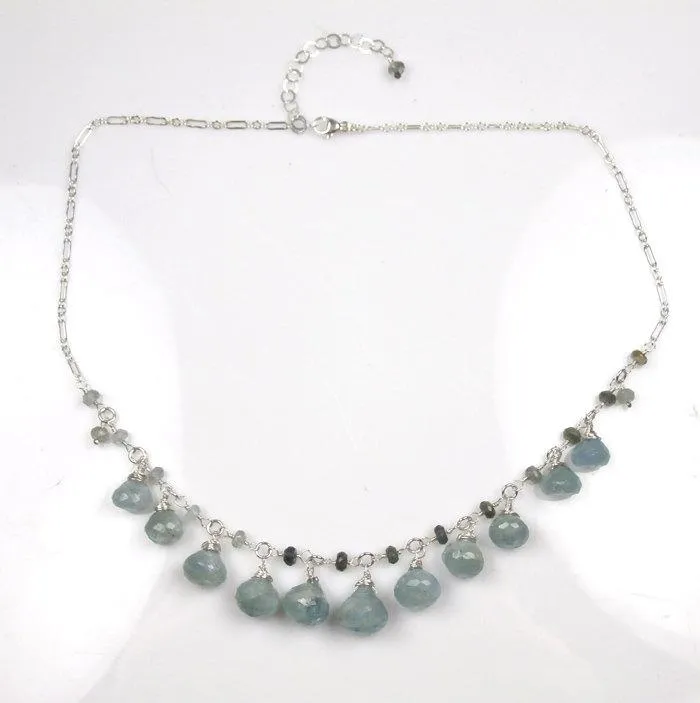 Aquamarine Blue Dangle Necklace Sterling Silver
