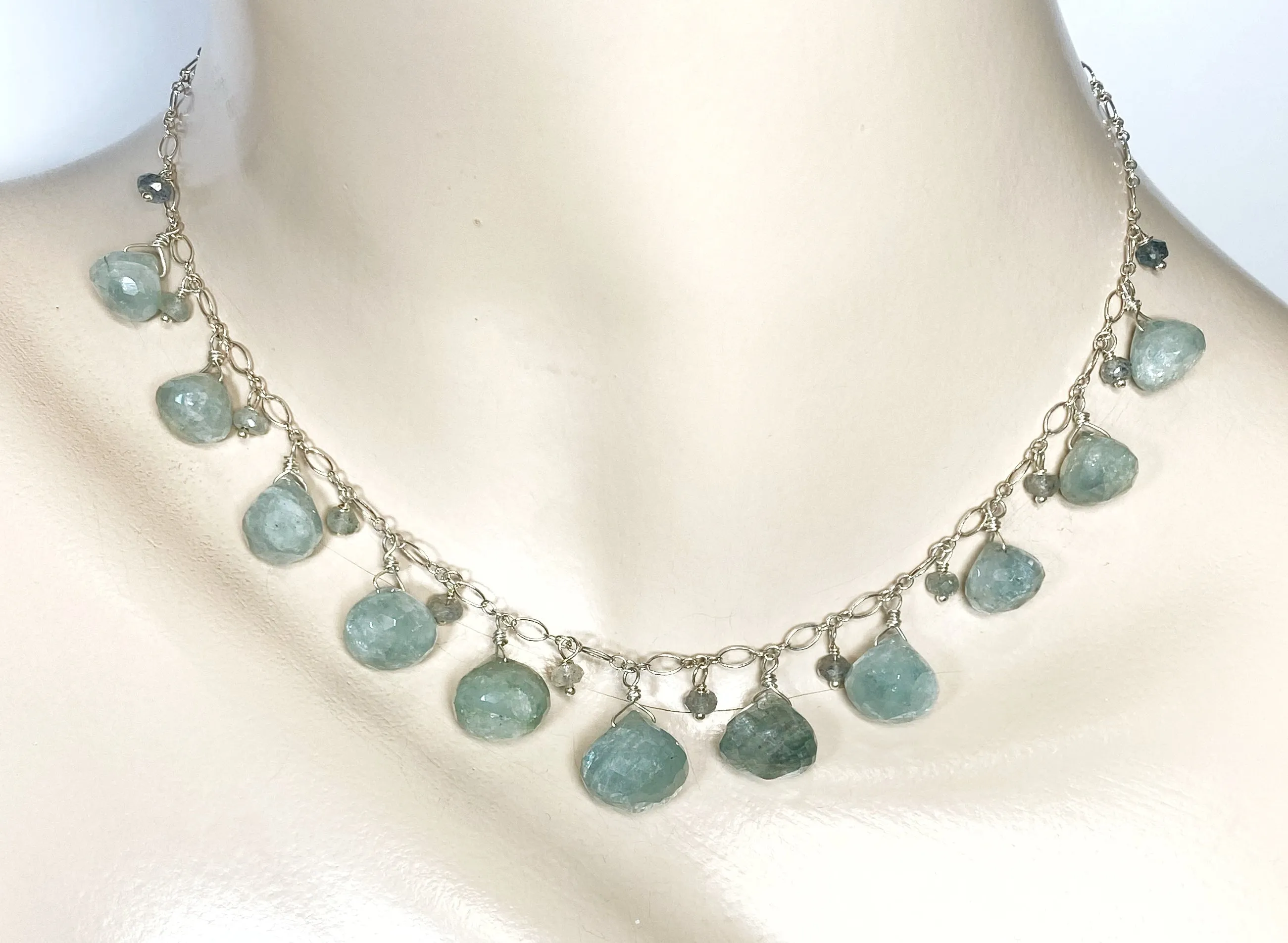 Aquamarine Blue Dangle Necklace Sterling Silver