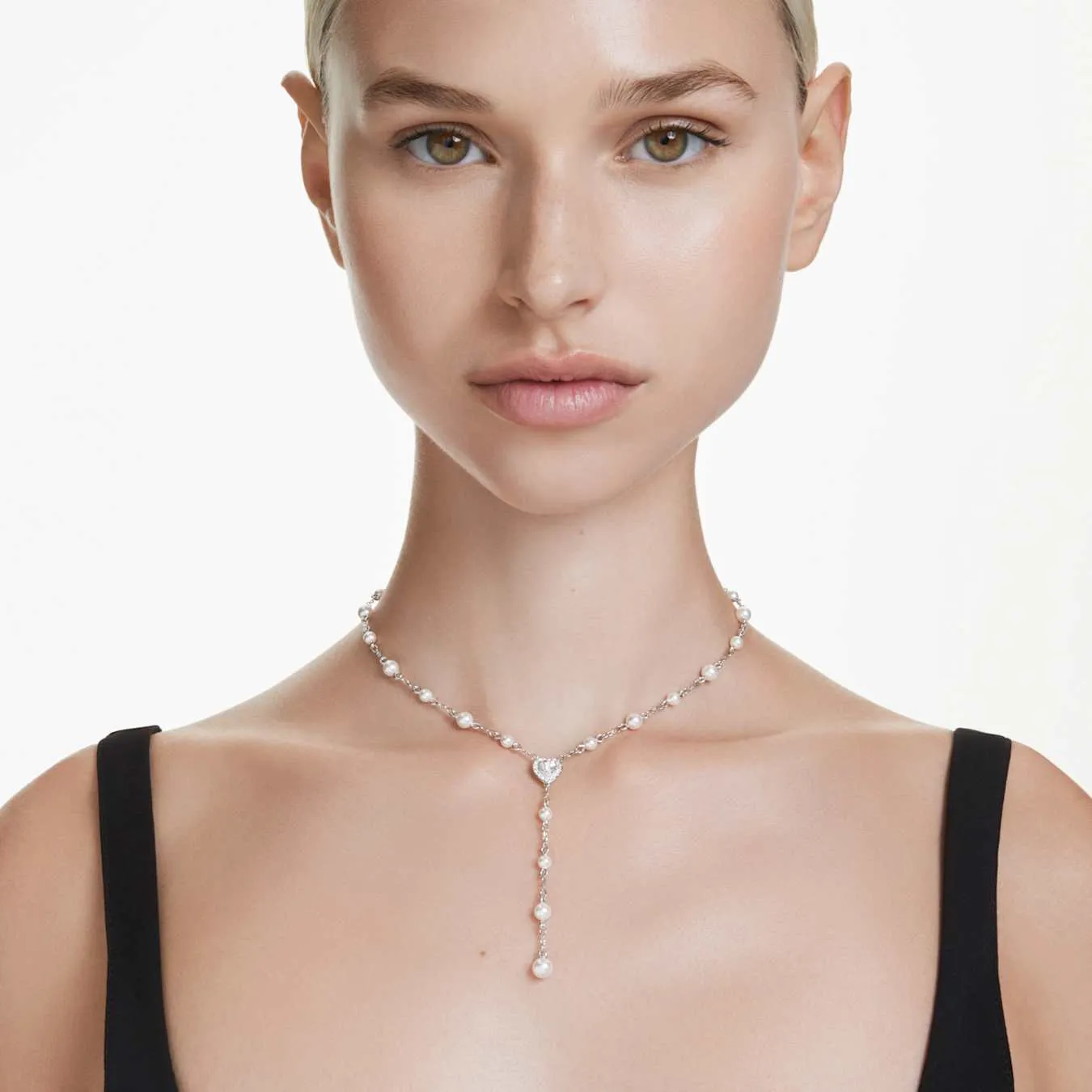 Ariana Grande x Swarovski Y necklace Mixed cuts, Crystal pearl, Heart, White, Rhodium plated