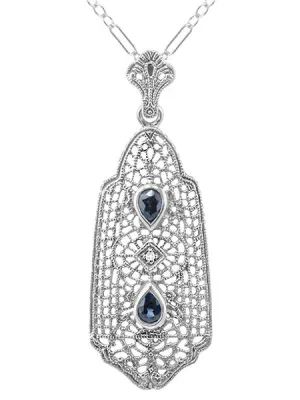 Art Deco Filigree Sapphire and Diamond Pendant Necklace in Sterling Silver