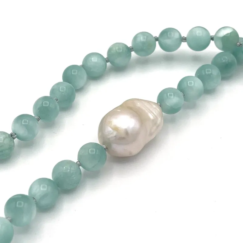Baroque Pearl and Green Moonstone Gem Long Necklace