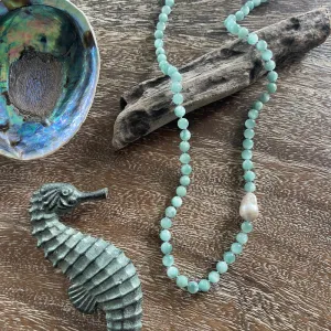 Baroque Pearl and Green Moonstone Gem Long Necklace