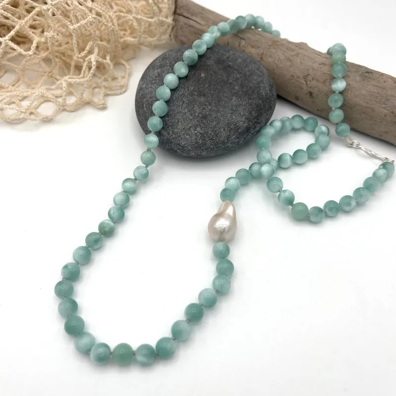Baroque Pearl and Green Moonstone Gem Long Necklace