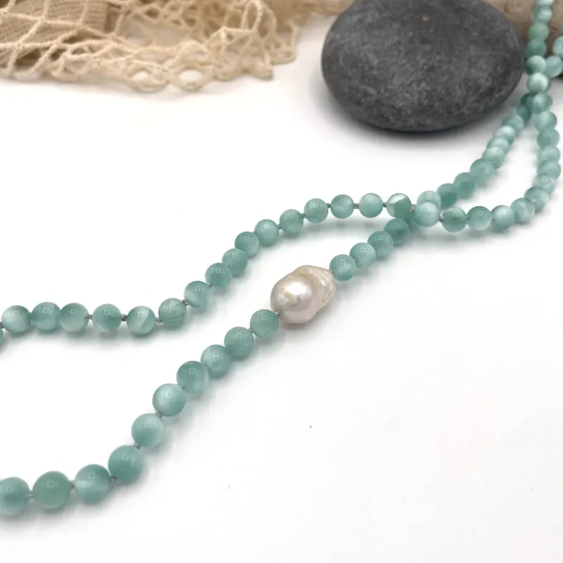 Baroque Pearl and Green Moonstone Gem Long Necklace