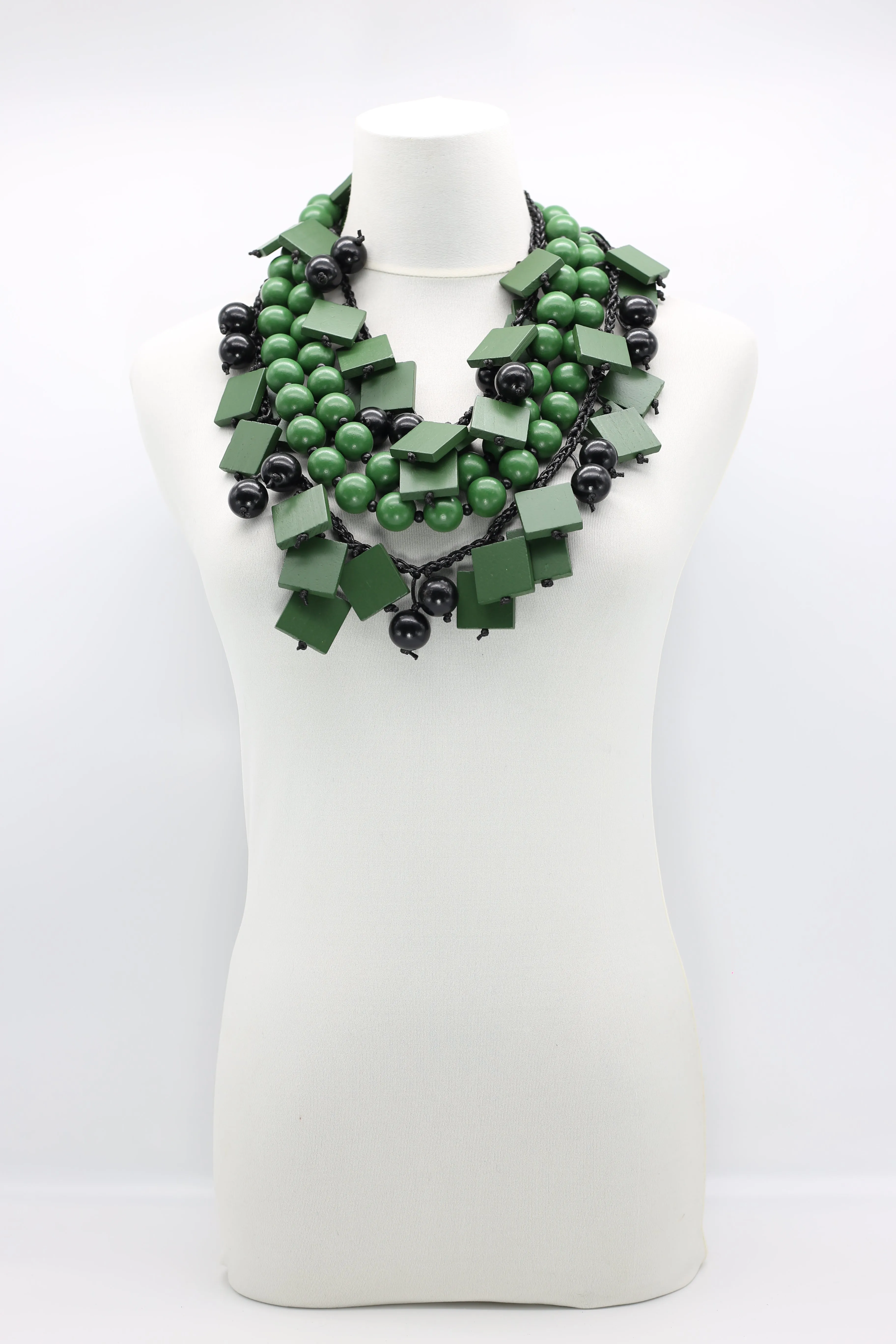 Beads & Squares Necklaces Set - Spring Green/Black