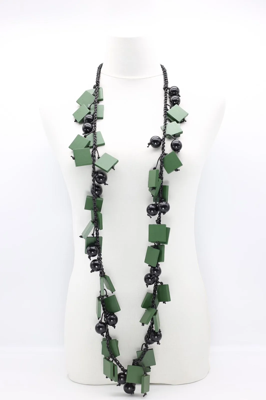 Beads & Squares Necklaces Set - Spring Green/Black