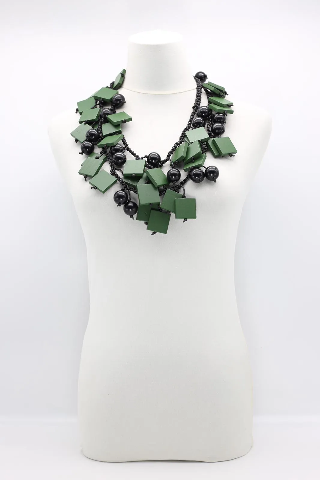 Beads & Squares Necklaces Set - Spring Green/Black
