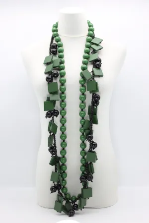 Beads & Squares Necklaces Set - Spring Green/Black
