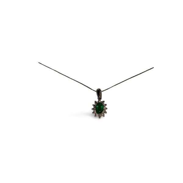 Beautiful 14K White Gold Oval Natural Emerald Diamond Drop Pendant Necklace